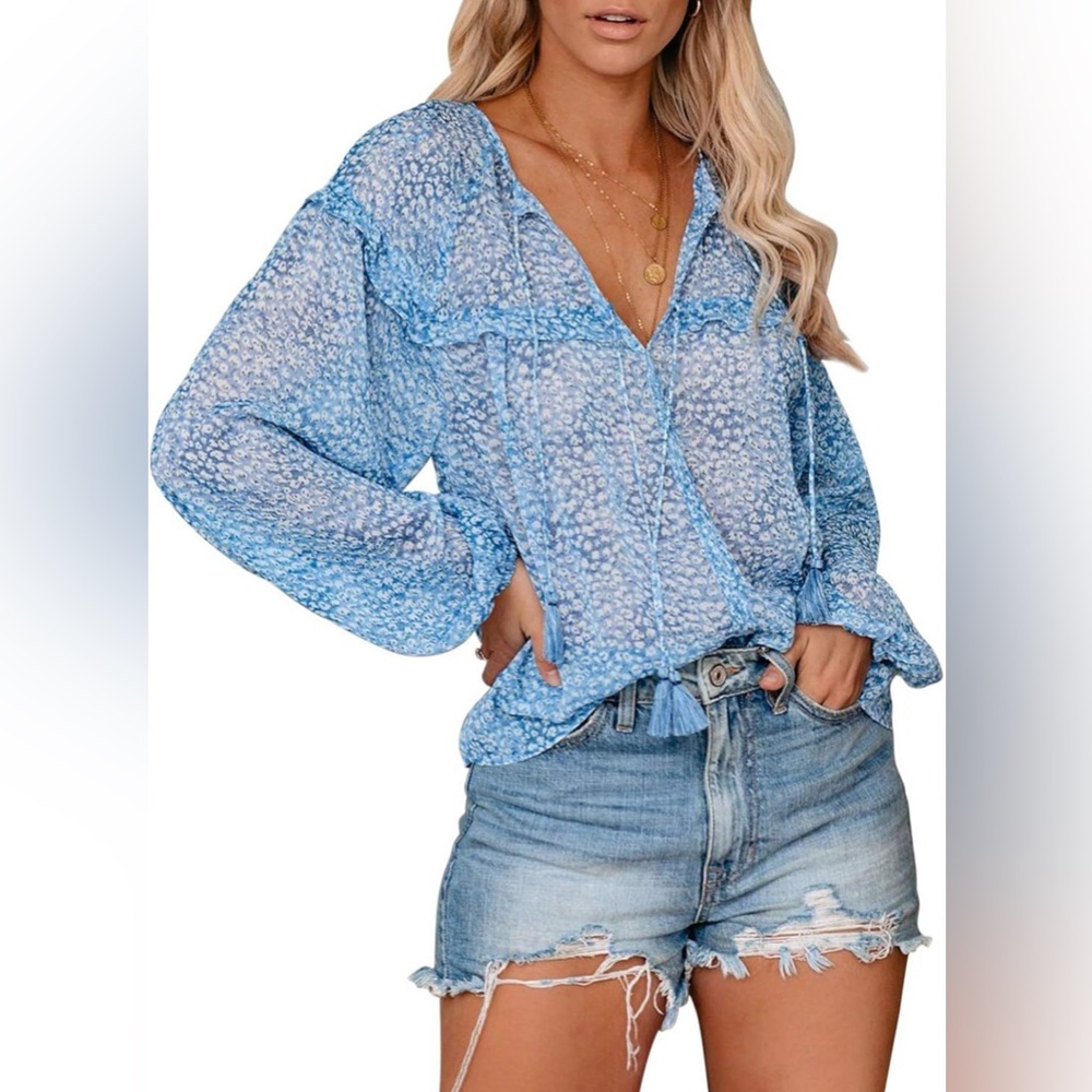 Nwot Blue Patterned Boho Blouse - image 1